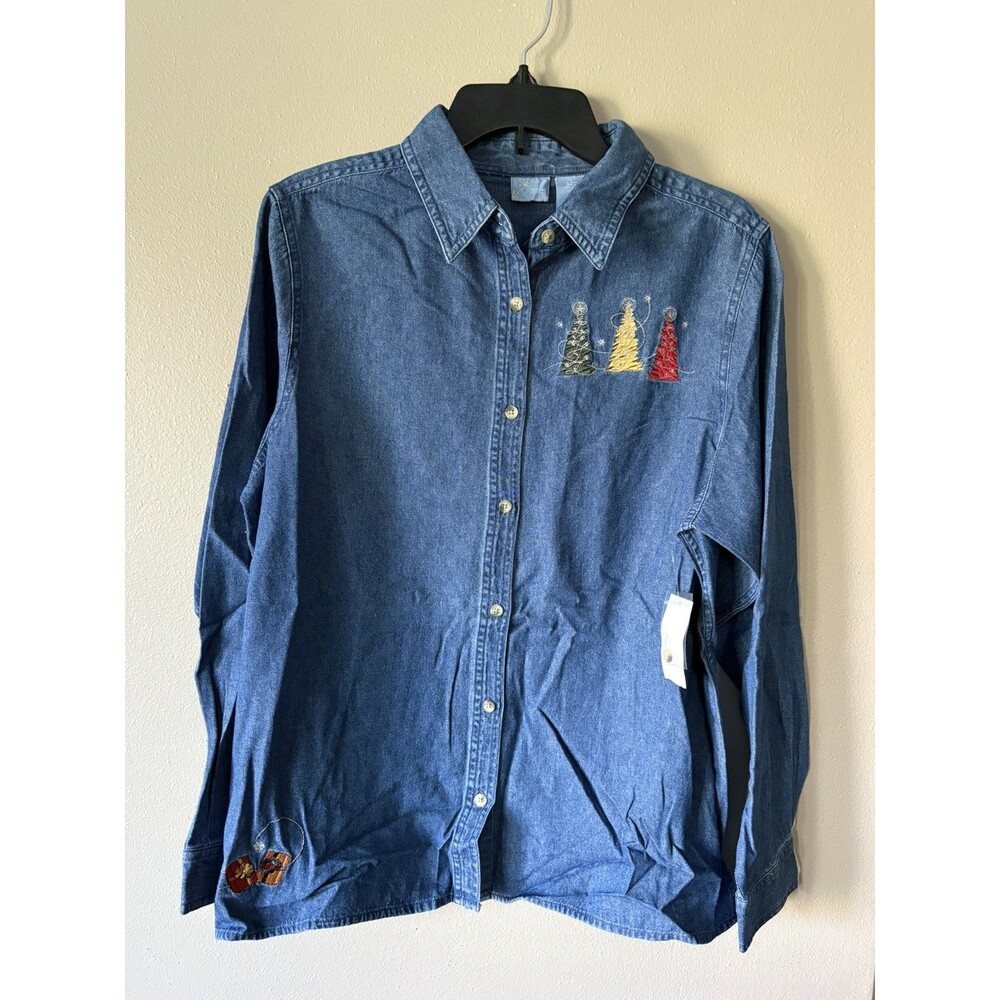 NWT VTG Holiday Editions Denim Button Up Shirt Christmas Embroidered Womens L